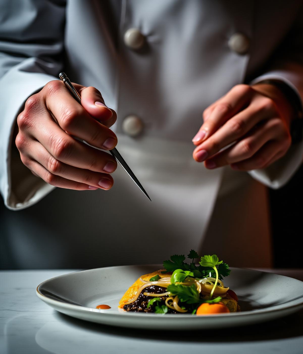 Chef plating a dish with care